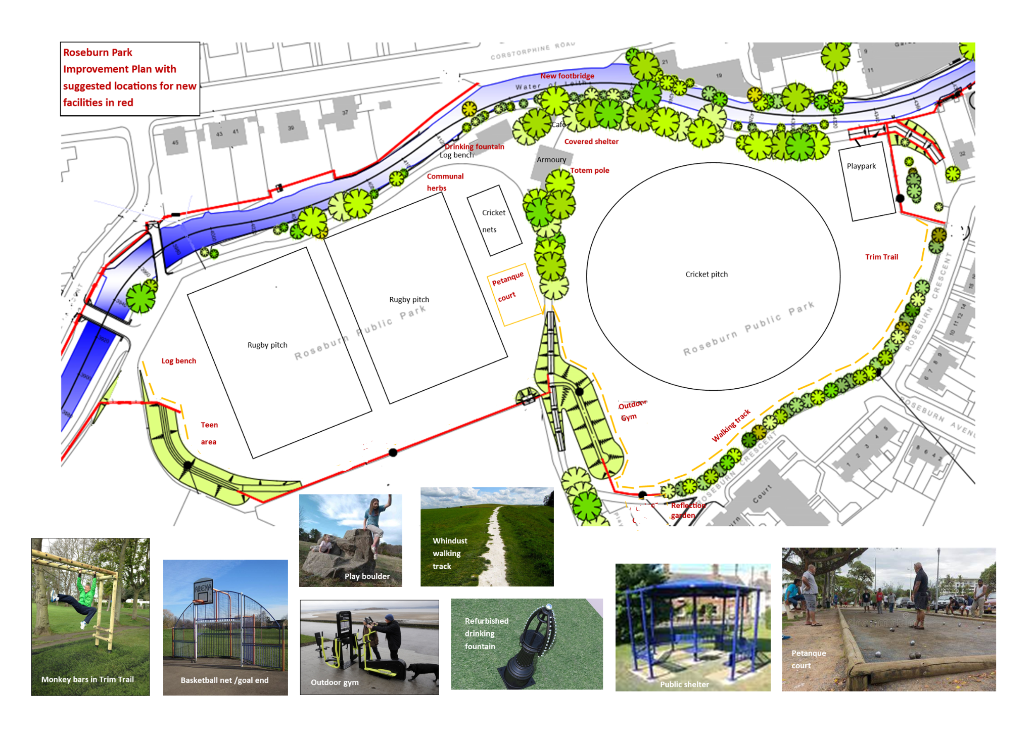 Roseburn Park improvement plan showing proposed locations for new facilities